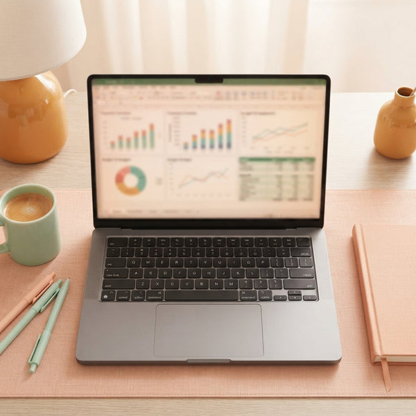 A laptop on a desk with financial spreadsheet charts, surrounded by blush peach and mint green office decor.