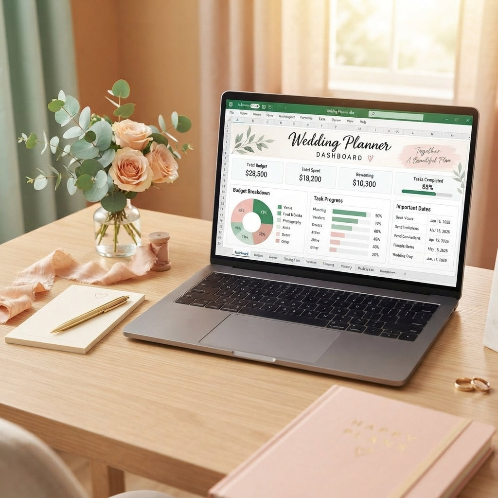 A laptop displaying an Excel wedding planner dashboard surrounded by elegant wedding planning decor on a minimalist desk.