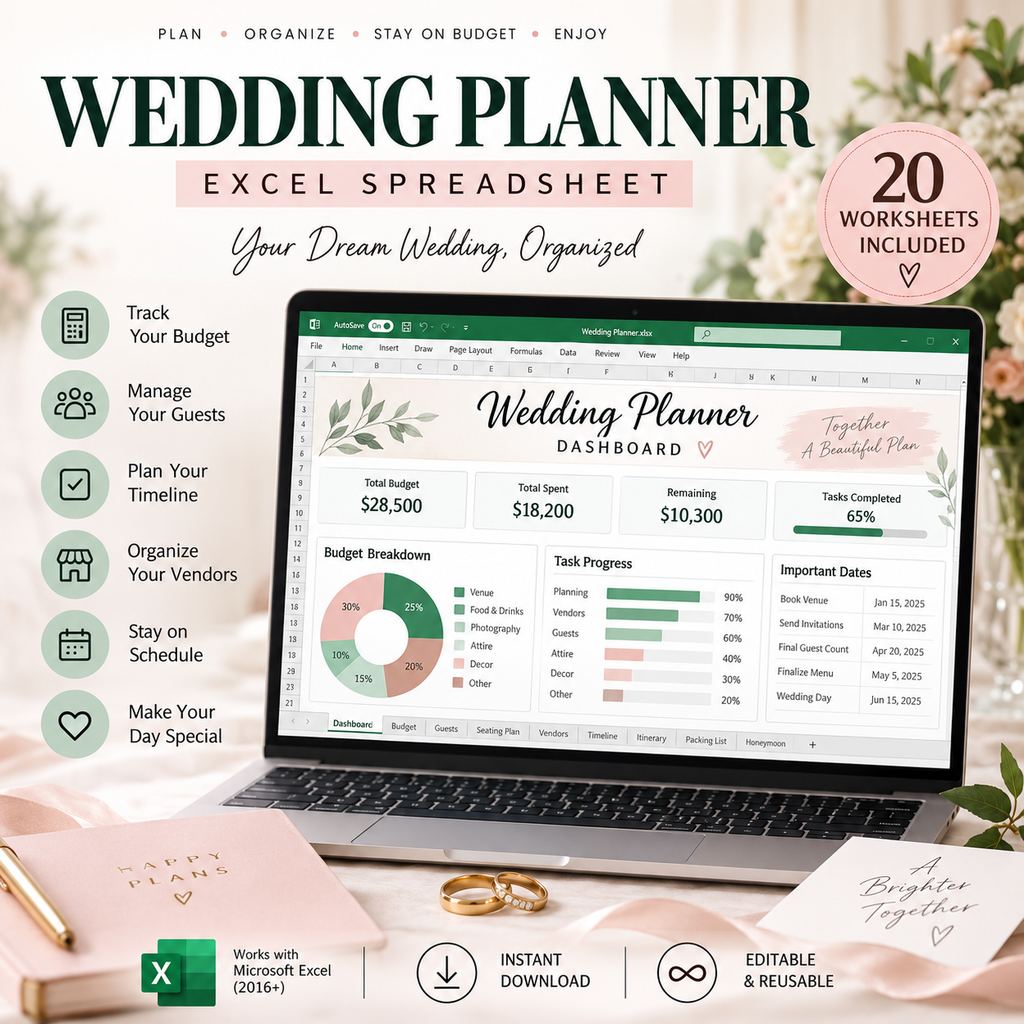 Wedding Planner | Excel Wedding Planning Bundle | Budget, Guest List, Timeline & Vendor Tracker | Instant Digital Download