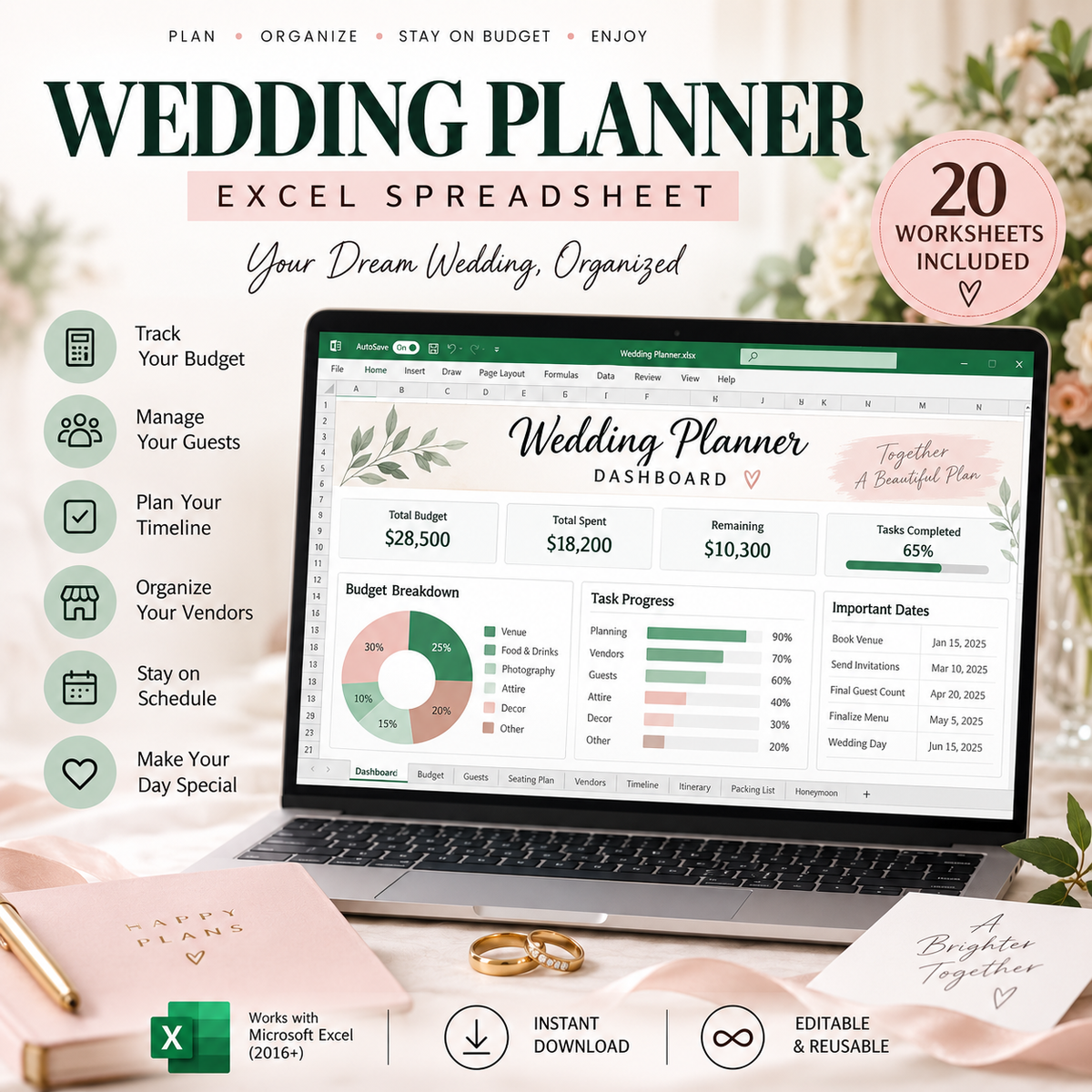 Wedding Planner | Excel Wedding Planning Bundle | Budget, Guest List, Timeline & Vendor Tracker | Instant Digital Download