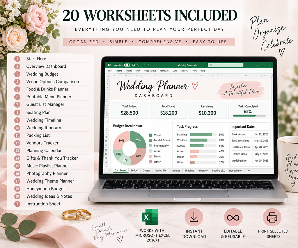 Wedding Planner | Excel Wedding Planning Bundle | Budget, Guest List, Timeline & Vendor Tracker | Instant Digital Download