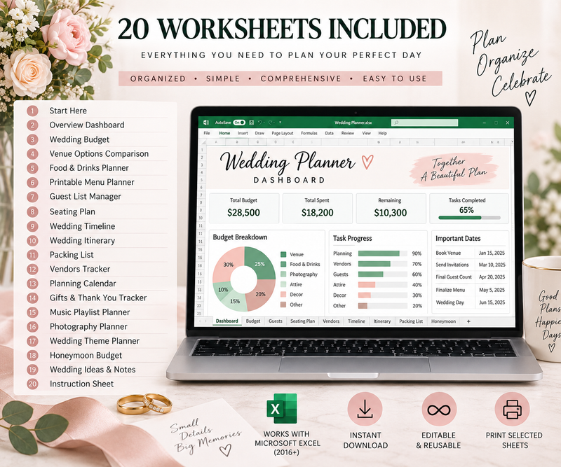 Wedding Planner | Excel Wedding Planning Bundle | Budget, Guest List, Timeline & Vendor Tracker | Instant Digital Download