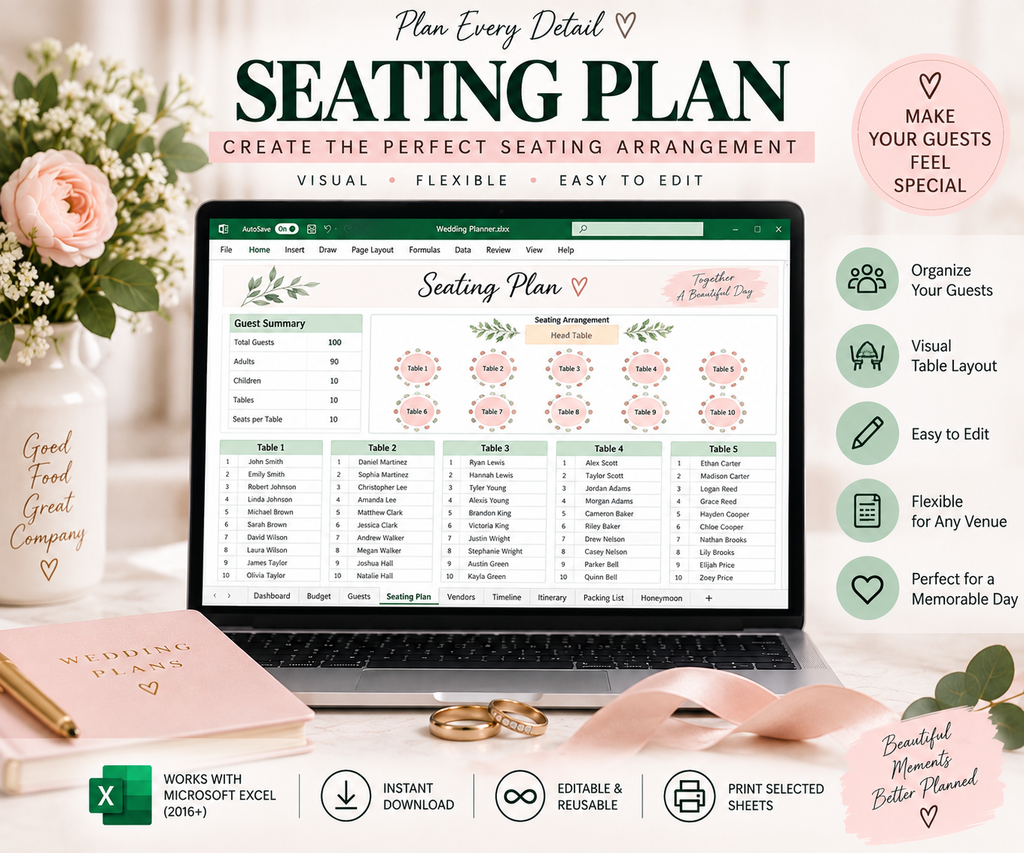 Wedding Planner | Excel Wedding Planning Bundle | Budget, Guest List, Timeline & Vendor Tracker | Instant Digital Download