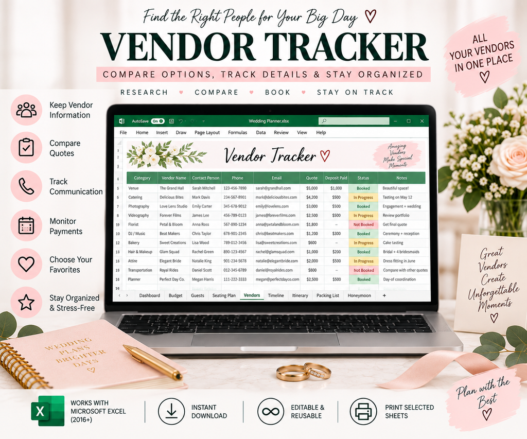 Wedding Planner | Excel Wedding Planning Bundle | Budget, Guest List, Timeline & Vendor Tracker | Instant Digital Download